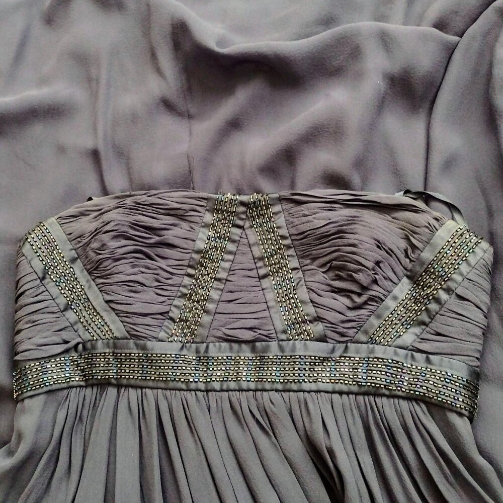 BCBG Max Azaria 100% Silk Beaded Gown 8 Strapless Prom Dress Navy Blue Grecian - Picture 5 of 11